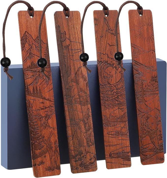 4Pcs Wood Bookmark for Men Father's Day, Adventure Scenery Wooden Carving Book Mark Gift for Men Boy Book Lovers