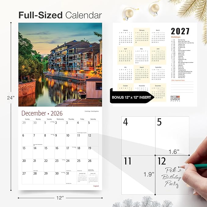 RED EMBER Select - England 2026 Wall Calendar 12 Month | 12" x 24" Open | Thick & Sturdy Paper | Giftable | Europe Travel Calendar 2026