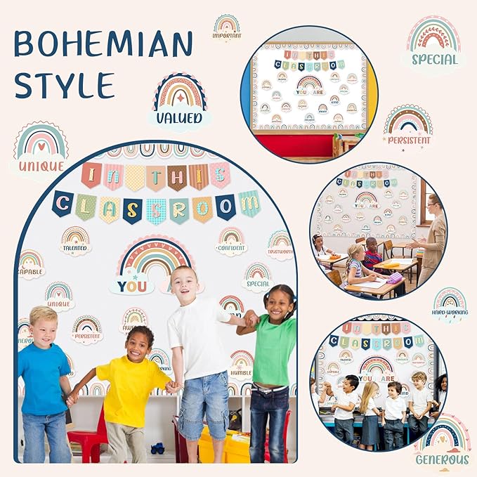 Dispowreath 51 Pcs Boho Inspirational Bulletin Board Set Rainbow Bulletin Board Border Boho Motivational Cutouts for Back to School Chalkboard Wall Classroom Decoration