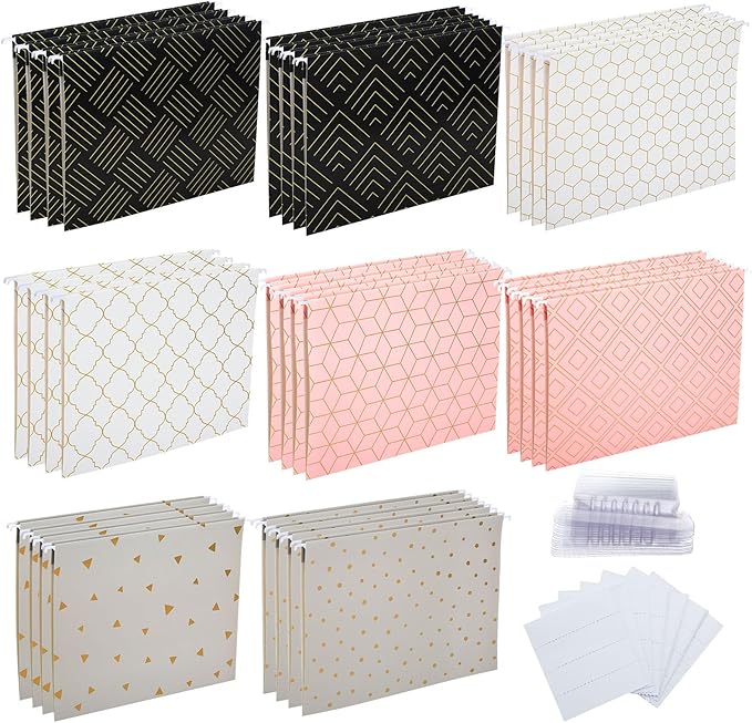Estune 32 Pcs Decorative Hanging File Folders Letter Size Cabinet File Folders Organizers with 1/5 Cut Adjustable Tabs for Office Desk School Filing Cabinet Home(Geometric)