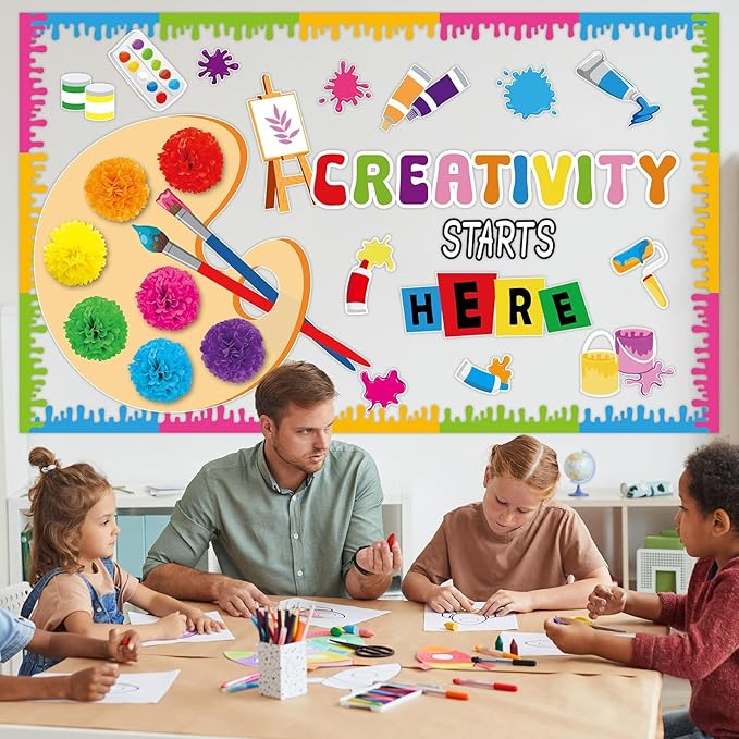 Art Paint Classroom Bulletin Board Decorations Artist Painting Cutouts with Paper Pom Poms Creativity Starts Here Cutouts for Student Teacher Wall Chalkboard Decor Back to School Supplies