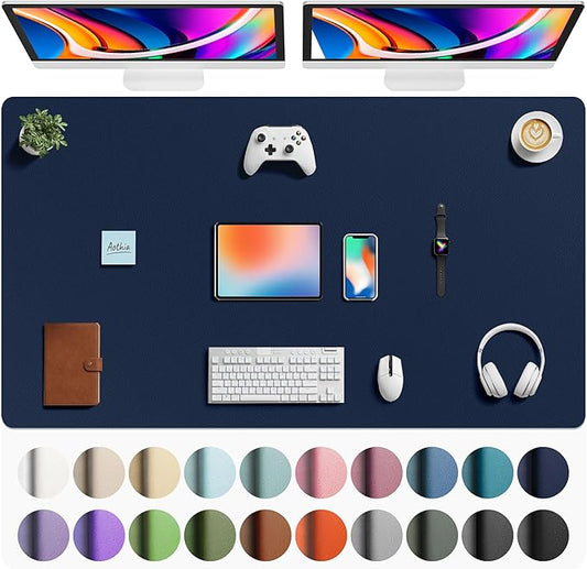Aothia Faux Leather Desk Mat - Large Mouse Pad, Non-Slip PU Leather Blotter, Waterproof Writing Surface for Office and Home (Dark Blue, 63" x 24")
