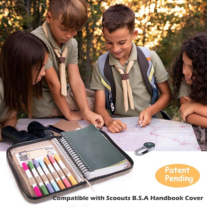 Handbook Book Cover Compatible with BoyScoouts Handbook with Amercan Flag Patch and Compass - Book Sleeve - Handbook Protector for Boys Girls