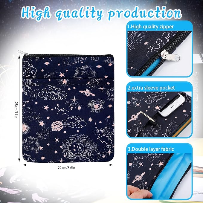 Roowest 3 Pcs Book Protector Sleeve with Zipper Covers Protector Bag Pouch for Book Lovers Bookish Holiday Festival Gifts Canvas Paperback Cover Washable Pouch Pocket 11 x 8.7 Inch(Celestial)