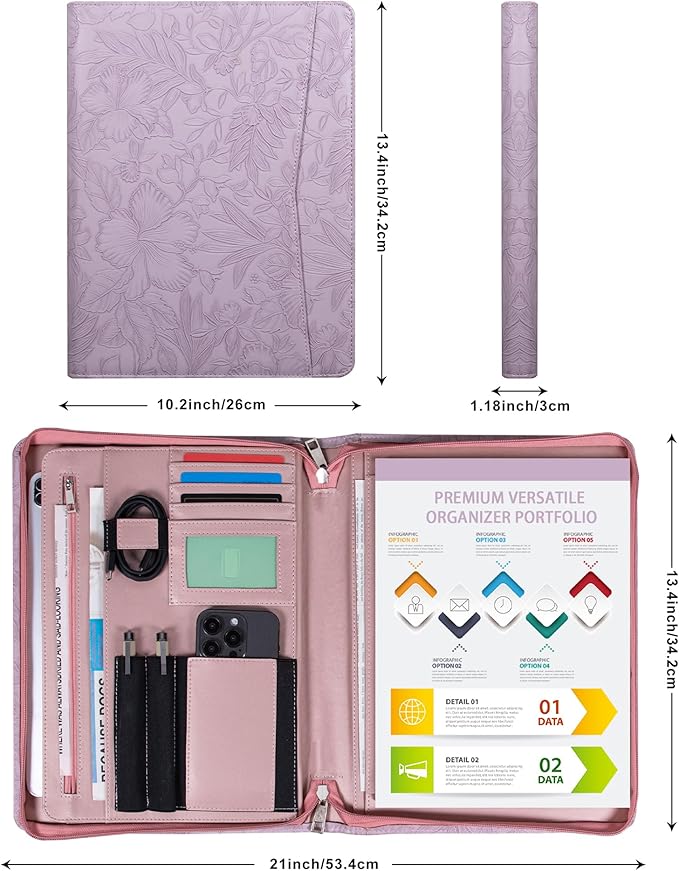 Embossed PU Leather Portfolio for Women,Professional Organize 3-Ring Padfolio with A4 Notepad Holder,Professional Business Document Organizer for Women (Purple)