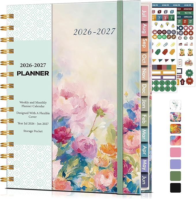 Academic Planner 2026-2027, Weekly and Monthly Calendar Planner from July 2026 - June 2027, 6.1" x 8.2" A5 Large Daily Agenda Book with Tabs, Flexible Cover, College School Organizer for Student Teacher,Watercolor Floral