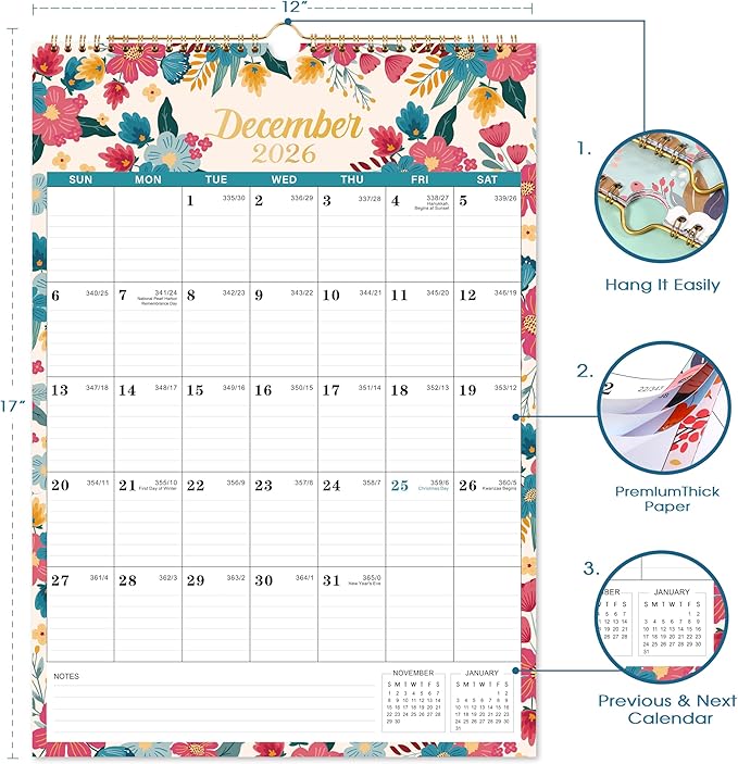 Calendar 2026-2027- Wall Calendar 2026-2027, 18 Monthly Calendar from Jul. 2026 - Dec. 2027, 12" x 17", Wall Calendar With Twin-Wire Binding - Green
