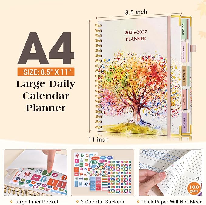 Planner 2026-2027, 18 Months Weekly and Monthly Daily Planner from January 2026 - June 2027, 8.5" x 11" A4 Large Hardcover Agenda Organizer Book 2026 with Tabs, Spiral Yearly Calendar Planners for School Work Home, Autumn Tree