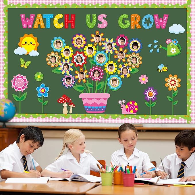 Spring Theme Bloom Flower Bulletin Board Set Watch Us Grow Classroom Decor Spring Floral DIY Photo Craft Cutouts Inspirational Bulletin Board for Back to School Classroom Wall Decor Party Supplies