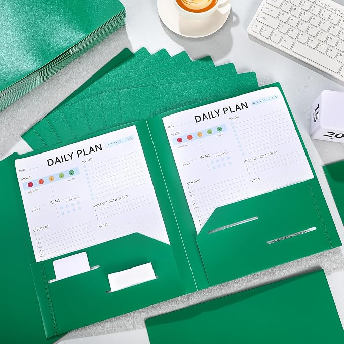 Fulmoon 48 Pack Plastic Folders with 2 Pockets Bulk 11 x 9 Inch Heavy Duty File Pocket Folders and 4 Card Slots Fit Letter Size Paper Cards for Back to School Office Home Supply(Green)