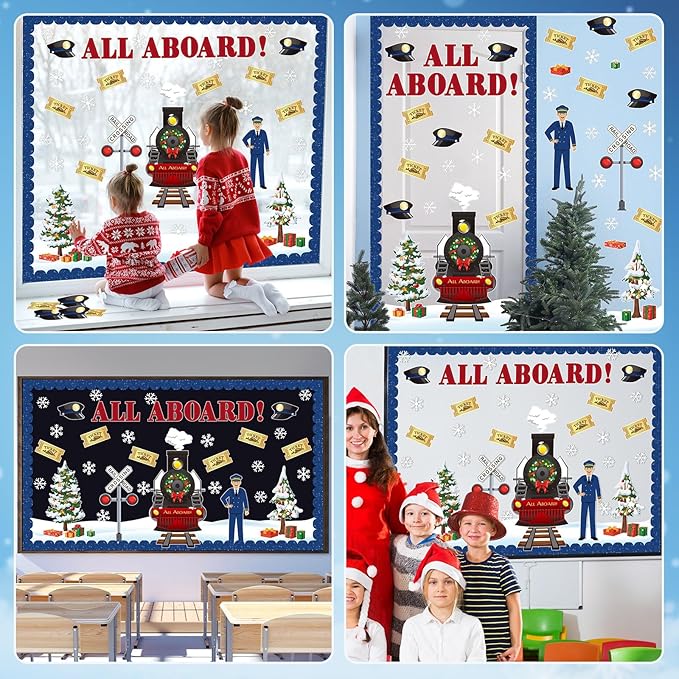 Christmas Bulletin Board Set Christmas Express Train Classroom Decorations Railroad Railway Crossing Tickets Conductor Paper Cutouts for Wall Door Decor for Office Home Xmas Display Supplies