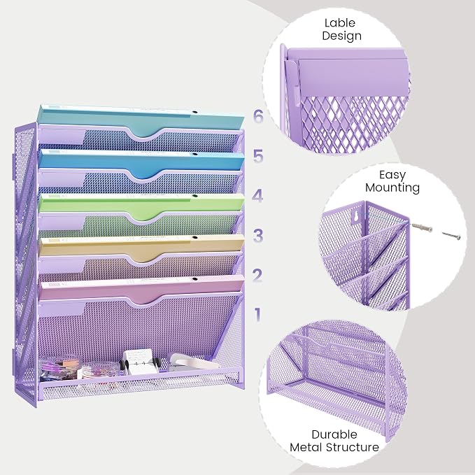 Hanging Wall File Organizer, 6-Tier Purple Desk Organizer with Metal Mesh, Foldable Document Organizer for Office Desk, Wall Mount Magazine Rack for Mail/Books/Tablet