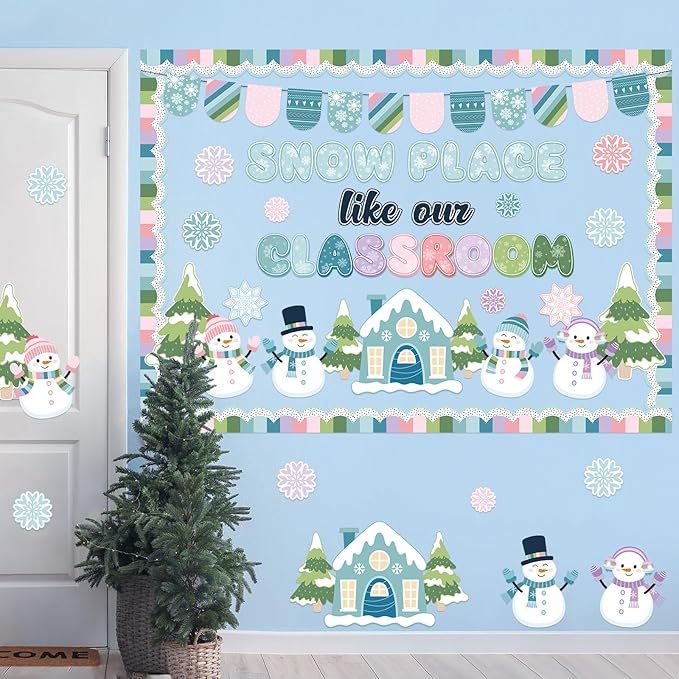 Pastel Winter Bulletin Board Set Snow Place Like Our Classroom Decorations Snowmen Gingerbread House Snowflakes Cutouts for Winter Holiday Christmas School Office Supplies