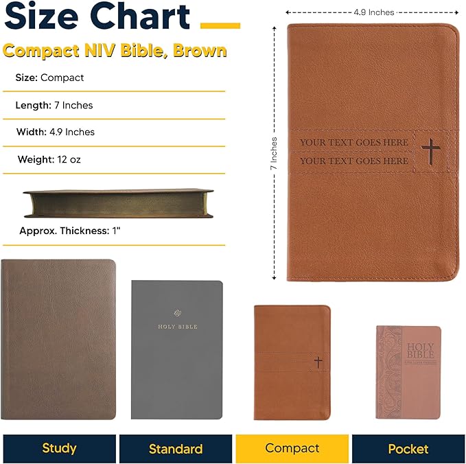 Personalized NIV Small Compact Bible New International Version Faux Leather Holy Bible Small Print with Debossed Custom Name Up to 2 Rows of Text, Gift for Christian & Religious Celebrations, Brown