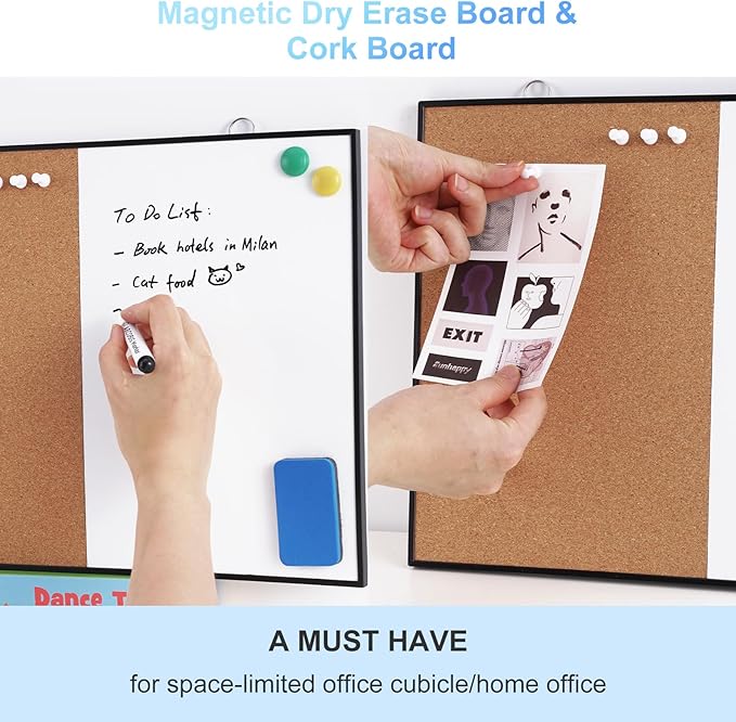ARCOBIS Cork Board White Board Combo, 12"X16" Small Bulletin Board for Wall, Double-Sided Magnetic Dry Erase Corkboard, Vision Whiteboard for Office,Home,School, Black