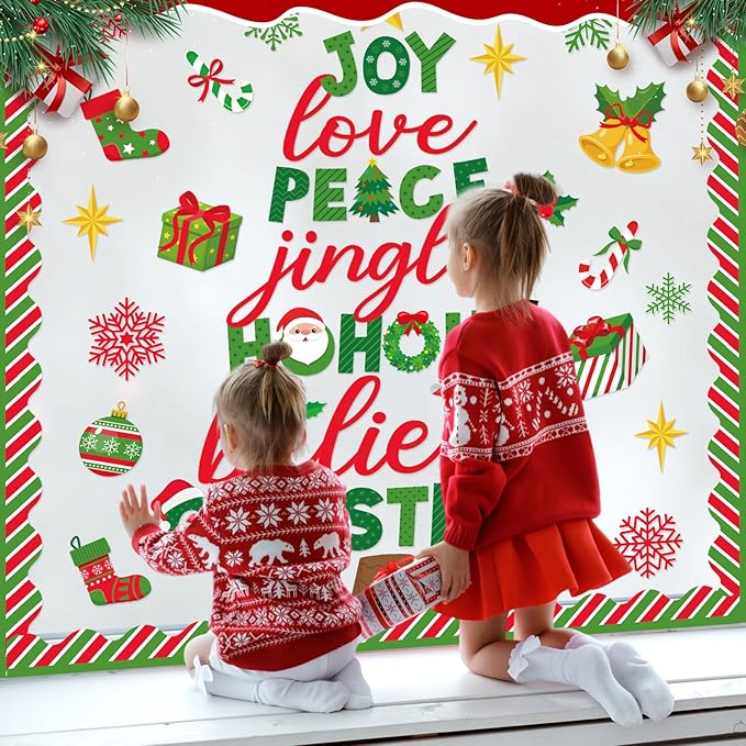 Funrous Christmas Bulletin Board Decoration Set Xmas Tree Classroom Decor Snowman Santa Claus Gnome Snowflake Cutout Winter Border Trim for Xmas Holiday Office Wall Door Supplies(Christmas Tree)