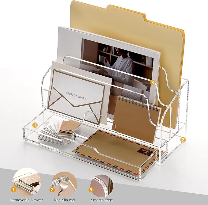 SANRUI Clear Desk Organizer Holder with Drawers, Acrylic Desktop Manila folders File Mail Sorter Box, Office Desk Accessories & Workspace Envelope Bill Letter Organization Racks, 3 Compartments