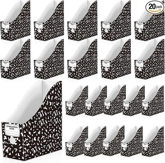 20 Pack Magazine File Holder Set Cardboard Magazine File Folders with Label Stickers Foldable Desk Files Holder Cardboard Book Bins Files Organizer Storage Box For Home Office School (Composition)