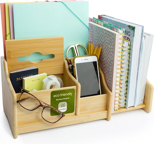 DECOMIL Bamboo Desk Organizer, Wood Desktop Shelf, Perfect Office Decor for Office Supplies Storage, Multifunction Desktop Organizer Shelf