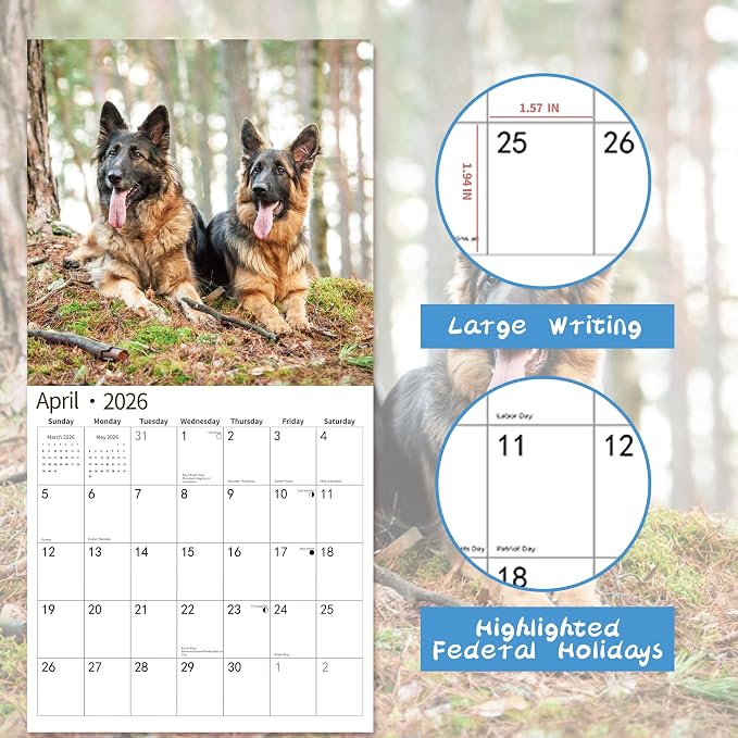 2026 Wall Calendar,Calendar 2026, November 2025 - December 2026, Wall Calendar German Shepherd, 12" x 24" Opened,Full Page Months Thick & Sturdy Paper for Calendar Organizing & Planning