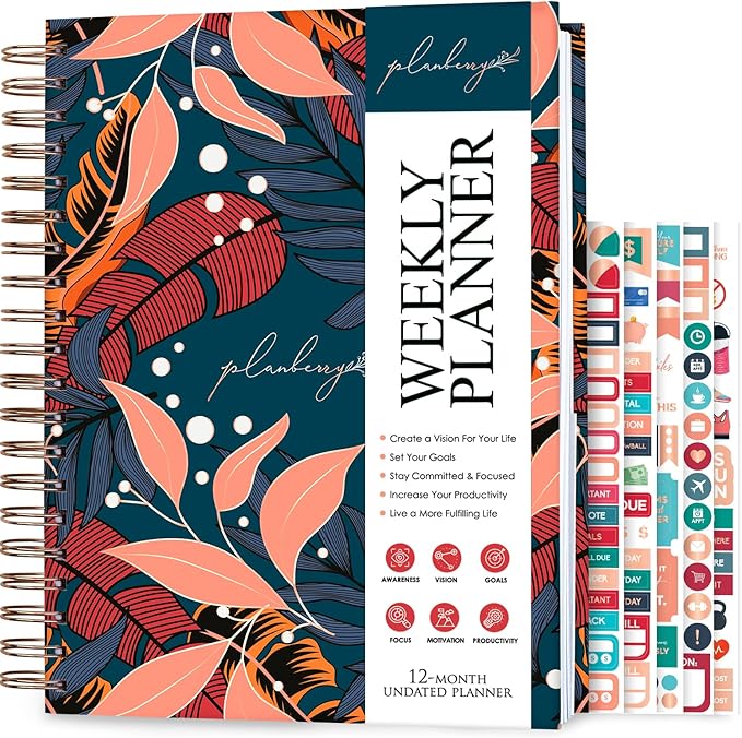 PLANBERRY Large Weekly Planner Premium – Undated Life & Budget Planner – Organizer & Productivity Journal, 8x10.4″ (Tropical Night)