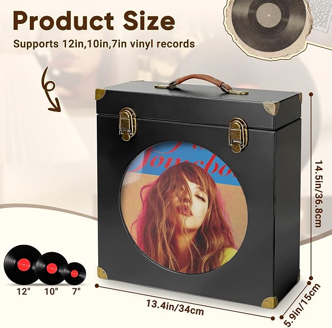 Solid Wood Vinyl Record Storage Box with Display Window - Holds 30 LPs, Acrylic Front, Leather Handle & Metal Lock for 12/10/7 Inch Records (Black)