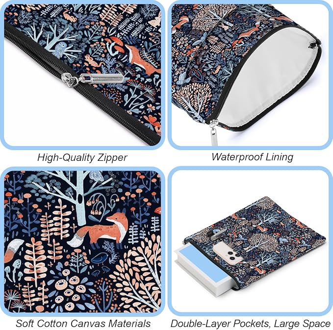 Book Sleeve Book Protector Book Pouch Book Lovers Gifts Bookish Gifts Book Cover with Zipper for Hardcover Paperback Washable Forest Fox Printed Gift Bag for Teacher Student Birthday, BookCover