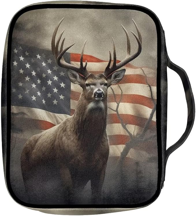 Suobstales American Flag Deer Print Bible Cover Portable Carrying Book Case Multi-Functional Bible Case Bible Organizer Case with Handle and Zippered Back Pocket