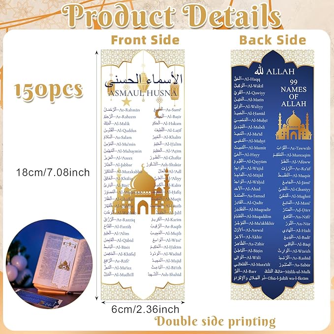 150 Packs 99 Names of Allah Bookmarks Reflecting on The Names of Allah Arabic English Bookmark Muslim Islamic Arabic Gifts for Women Men Quran Learning