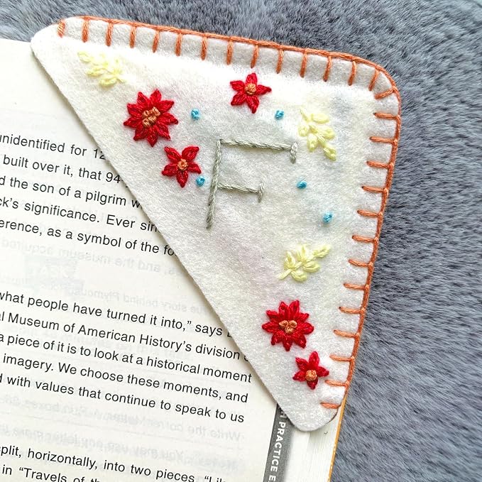 Personalized Hand Embroidered Corner Bookmark, Cute Flower Book Mark, Hand Stitch Gift for Women Book Lovers by HNQCPCVU (F, White)