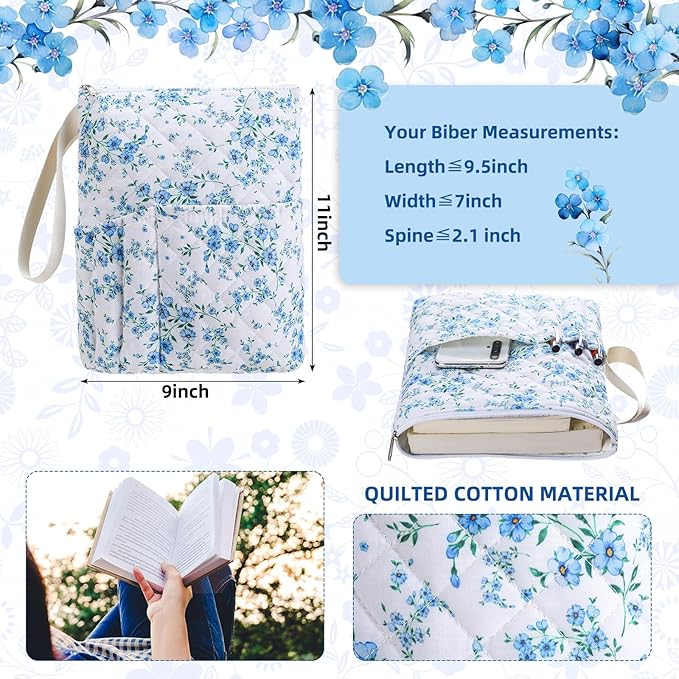 Gilprop Blue Floral Bible Book Sleeve with Zipper 11" x 9" Padded Protector Washable Quilted Book Covers Printed Bible Pouch with Handle Pockets Protector for Books Lover Mother's Day Christian Gifts