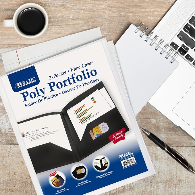 BAZIC Products 2-Pocket Poly Portfolio with View Cover, for Filing Office Home, Set of 2