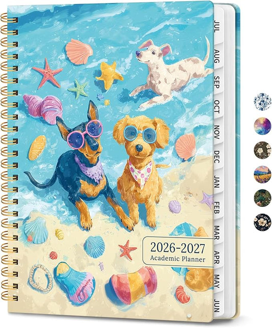 Planner 2026–2027, Academic Planner Weekly and Monthly Calendar Jul 2026 – Jun 2027 Hardcover Planner with Tabs and Pocket, Spiral Bound Agenda Book for Student & Teacher, 6.3" x 8.5", Beach Pups