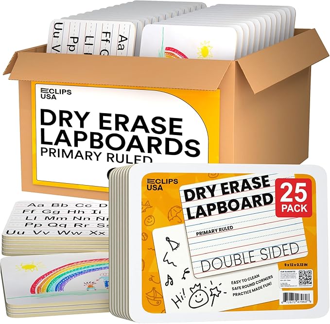Dry Erase Board, (Primary Ruled) Dry Erase Lap Boards, Small White Boards Dry Erase, White Board Mini, 9” x 12” Double Sided (25 Pack)