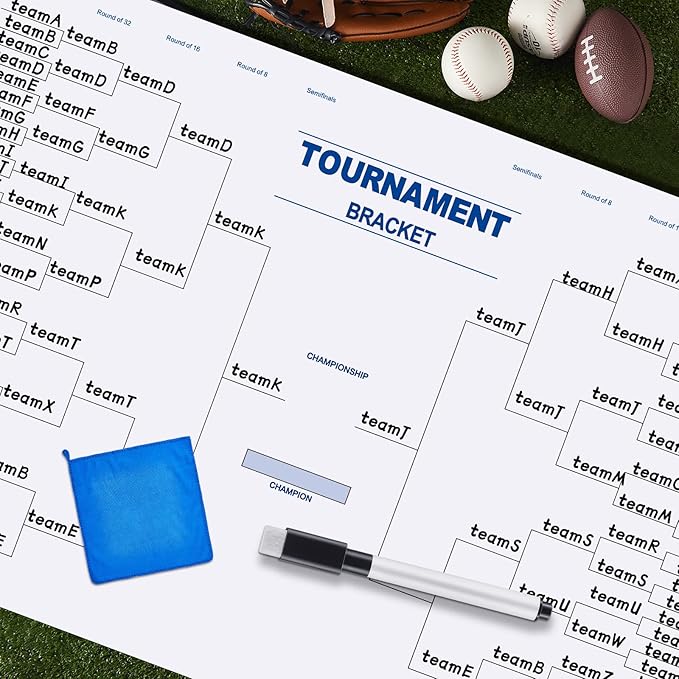 Pasimy 64 Team Basketball Tournament Bracket Board 24 x 36 Inch Reusable Sport Team Dry Erase Board Blank with Marker Pen Cloth Eraser for Game School Classroom Gift Party Favor