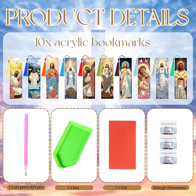 Sinload 10 Pcs Jesus Diamond Art Bookmarks Catholic Diamond Painting Bookmark with Tassels Jesus Diamonds Painting Book Mark Catholic Gifts DIY Religious Acrylic Book Mark for Church Supplies