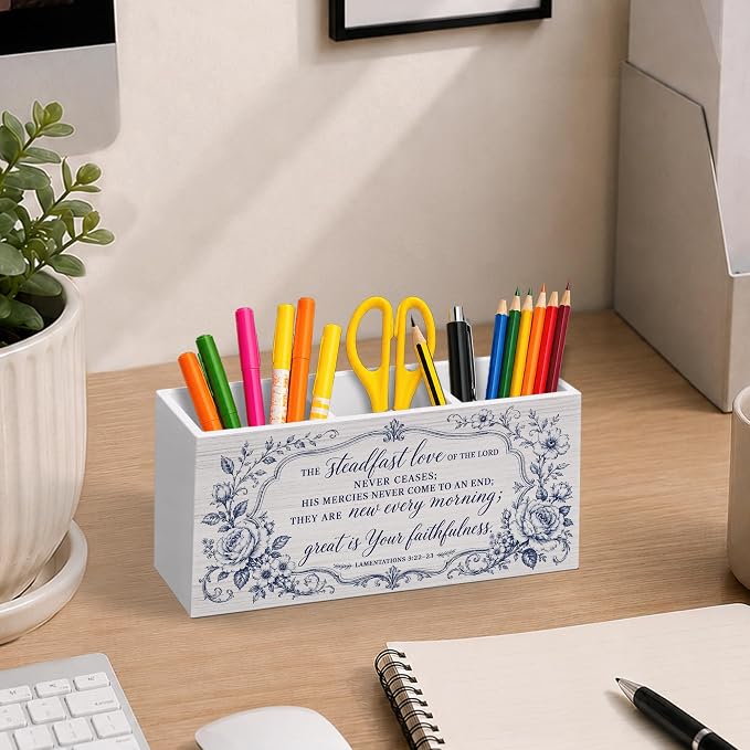 Inspirational Christian Floral Pen Pencil Holder for Desk, Christian Gifts for Women, Bible Verse Religious Wooden Pencil Holder Organizer Desk Accessories Decor for Home Office Desk