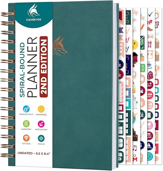 Clever Fox Planner 2nd Edition Spiral – Colorful Weekly & Monthly Goal Planner, Time Management & Productivity Organizer, Undated (Dark Teal)