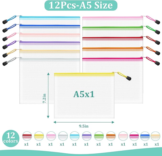 12pcs Mesh Zipper Pouch Bags Small, A5 9.5x7.2 Inches, 12 Colors Zipper Pouches for Classroom, Organizing Bags for Home, Office and Puzzle Storage