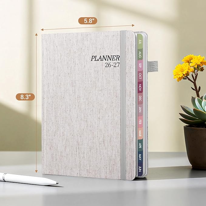2026-2027 Planner Weekly and Monthly, Jul 2026 - Jun 2027, A5 Linen Cover Calendar Planner 2026-2027, Agenda Book with Colorful Monthly Tabs, Inner Pocket (5.8" x 8.3", Beige)