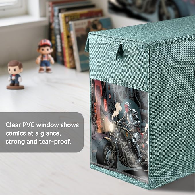 2 Pack Comic Book Storage Box with Lid for Modern Age, Collapsible Magazine Organizer with Clear Window, Green