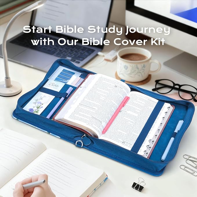 XKDOUS Floral Bible Cover for Women 24 Pcs Leather Carrying Book Cases Kit with Shoulder Strap, Handle, Study Supply Accessories Organizer Christian Gifts Tote Bag for Mom Lady Men