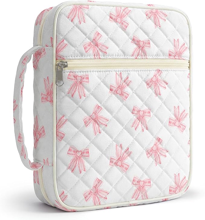 WOBAGMEN Bible Cover Case for Women,Large Bible Tote Bags Organizer Quilted Carrying Case for Girls,Bible Study Supplies Accessories Christian Gifts for Women (Pink Cute Bow, M)
