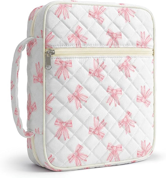 WOBAGMEN Bible Cover Case for Women,Large Bible Tote Bags Organizer Quilted Carrying Case for Girls,Bible Study Supplies Accessories Christian Gifts for Women (Pink Cute Bow, M)