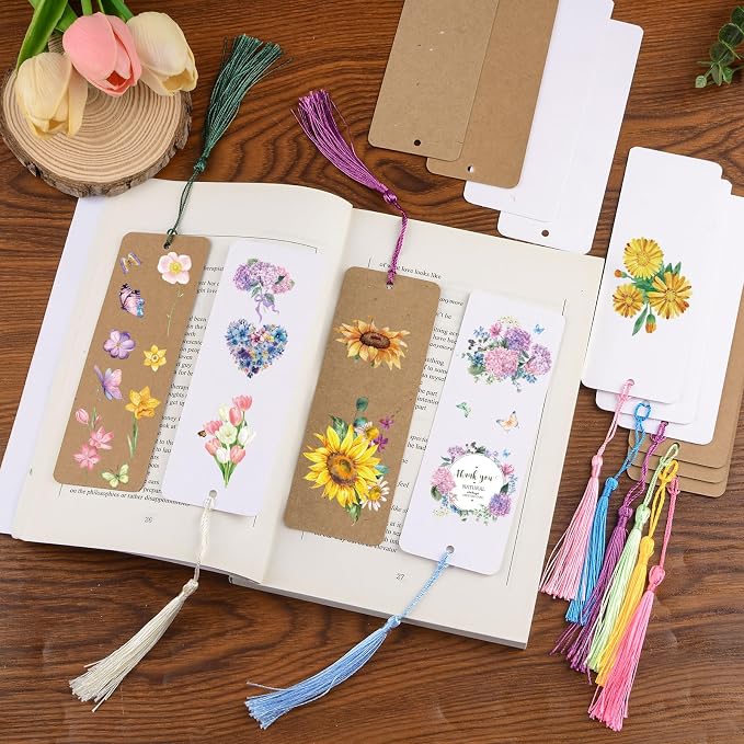 WANDIC Blank Bookmarks, Cardstock Bookmarks with Holes, 60 Pcs White & Brown and 60 Pcs Colorful Tassels for DIY Projects and Gift Supplies