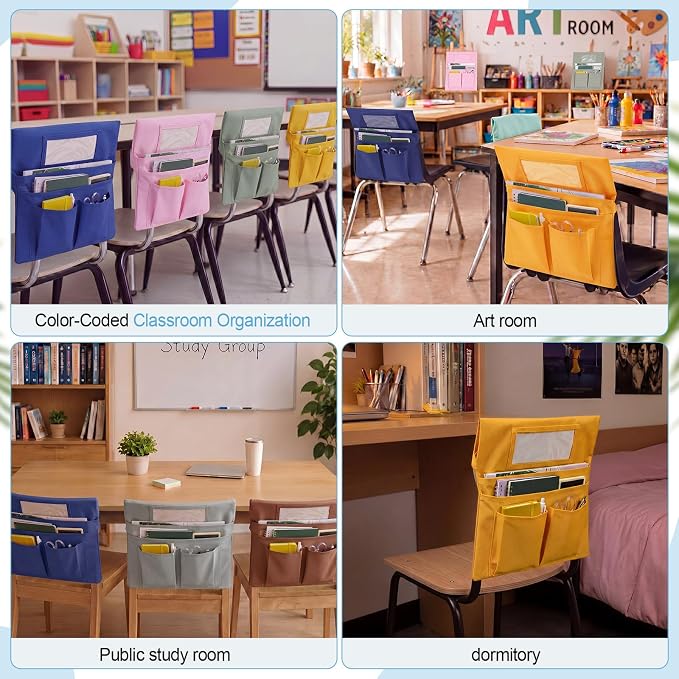 Remagr 24 Pcs Chair Pockets for Classroom Chairs, 14" x 13" Chairs Sacks with Name Tags for Chairback, Multi Pockets Storage Bags Chair Organizer for Kindergarten Elementary School(Neutral Tones)