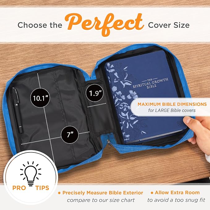Christian Art Gifts Polyester Bible Cover for Men & Women w/Jesus Fish Patch, Zipper Pocket, Pen Loops, Easy Carry Book Case for Stationery, Accessories, Light Blue, Large