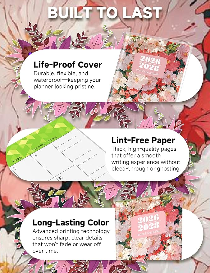 Pocket Calendar 2026-2028 Floral Series, Monthly Planner Jan 2026 to Jul 2028 (3.7" x 6.7") Perfect Purse Calendar, Pocket Agenda with Protective Plastic Sleeve-Blush Floral