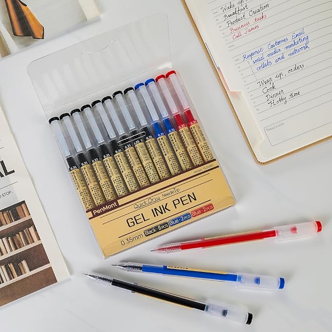Quick Dry Gel Roller Pens, Japanese Style, 0.35mm Extra Fine Point, Precise and smooth writing, 12-Count Pack (8 Black + 2 Blue + 2 Red)