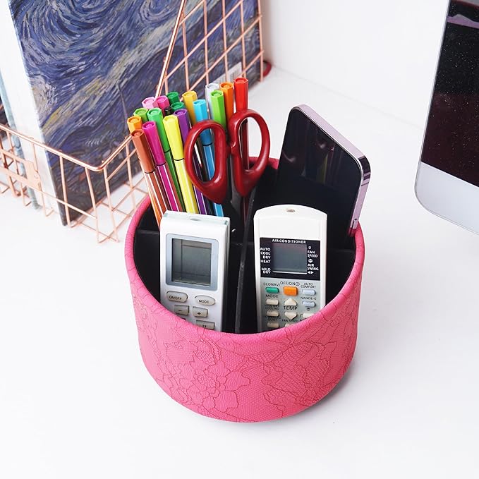Round Leather Art Supply Organizer,Remote Control Holder,360 Degree Spinning,Multi-Functional Pencil Holder,4 Compartments Desktop Stationary Organizer(1-Lace Flower Rose Red)
